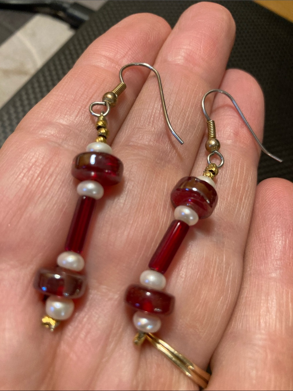 Gold-Accent Red Glass and Faux Pearl Drop Earrings